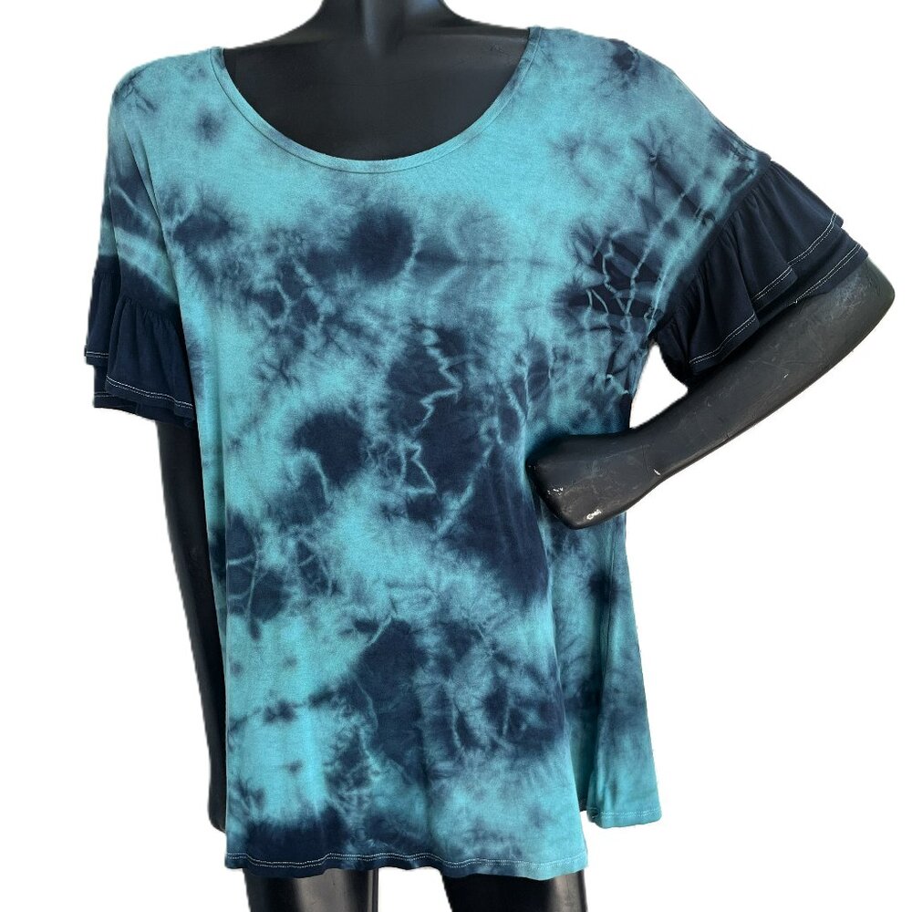 3/$25 🆕 Hand Tie-Dyed Ruffle Sleeve Tee | Dark Denim Turquoise | Rayon